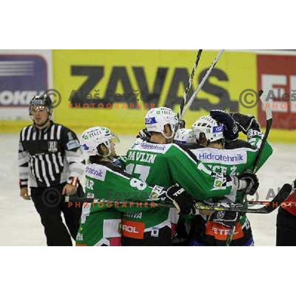 Tilia Olimpija players celebrate goal during ice-hockey match Tilia Olimpija- EC Graz 99ers in Ebel league, played in Hala Tivoli,Ljubljana, Slovenia on October 10,2010 