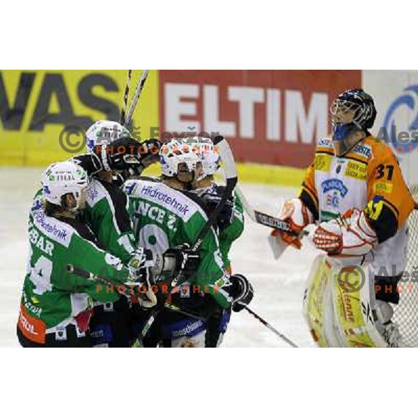 Tilia Olimpija players celebrate goal during ice-hockey match Tilia Olimpija- EC Graz 99ers in Ebel league, played in Hala Tivoli,Ljubljana, Slovenia on October 10,2010 