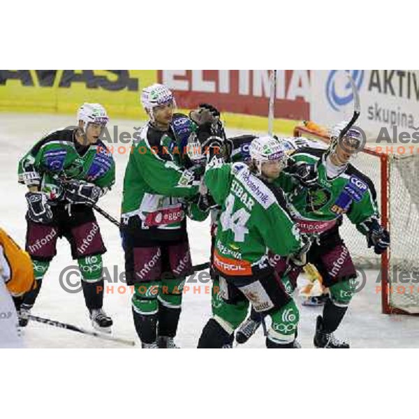 Ziga Pavlin, Andrej Hebar and Tilia Olimpija players celebrate goal during ice-hockey match Tilia Olimpija- EC Graz 99ers in Ebel league, played in Hala Tivoli,Ljubljana, Slovenia on October 10,2010 