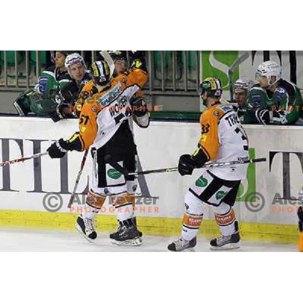 EC Graz 99ers players celebrate goal during ice-hockey match Tilia Olimpija- EC Graz 99ers in Ebel league, played in Hala Tivoli,Ljubljana, Slovenia on October 10,2010 
