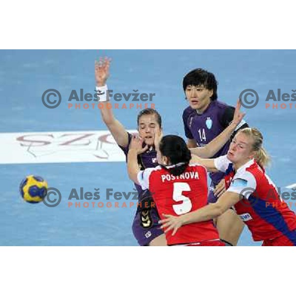 Alja Jankovic, Liudmila Bodnieva of Krim Mercator in action during handball match Krim Mercator- Zvezda Zvenigorod in round 2 of EHF Champions league, played in SRC Stozice, Ljubljana, Slovenia on October 16,2010 