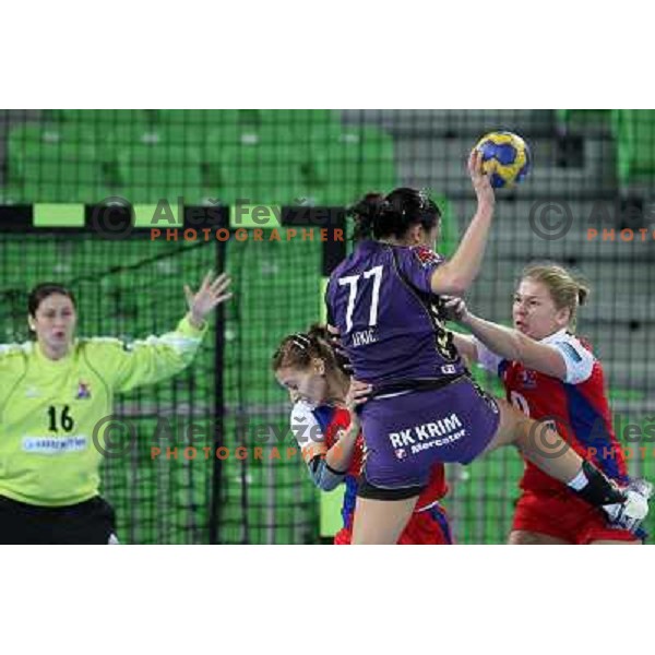 Andrea Lekic of Krim Mercator and Volnukhina of Zvezda in action during handball match Krim Mercator- Zvezda Zvenigorod in round 2 of EHF Champions league, played in SRC Stozice, Ljubljana, Slovenia on October 16,2010 