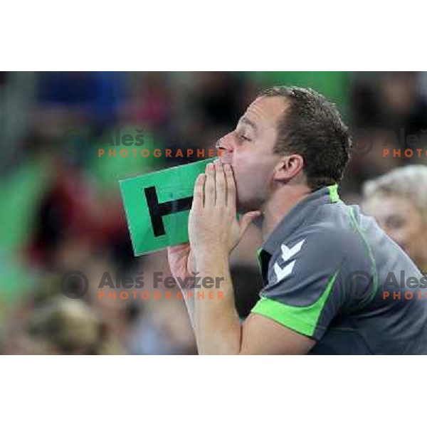 Joze Percic, assistant coach of Krim Mercator in action during handball match Krim Mercator- Zvezda Zvenigorod in round 2 of EHF Champions league, played in SRC Stozice, Ljubljana, Slovenia on October 16,2010 