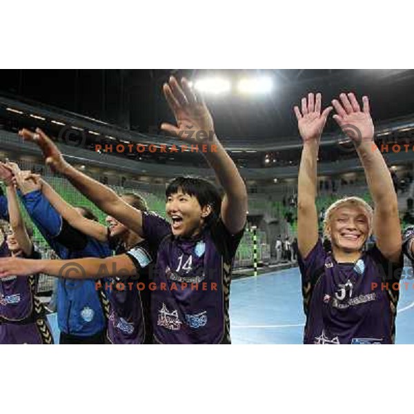Liudmila Bodnieva, Olga Ceckova of Krim Mercator celebrate victory during handball match Krim Mercator- Zvezda Zvenigorod in round 2 of EHF Champions league, played in SRC Stozice, Ljubljana, Slovenia on October 16,2010 