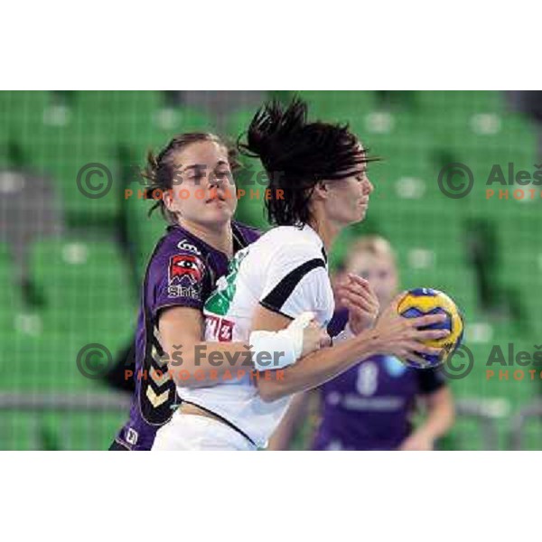 Alja Jankovic and Anita Gorbicz in action during handball match Krim Mercator- Gyori Audi Eto KC in round 3 of Championsleague, played at Arena Stozice, Ljubljana, Slovenia on October 23, 2010 