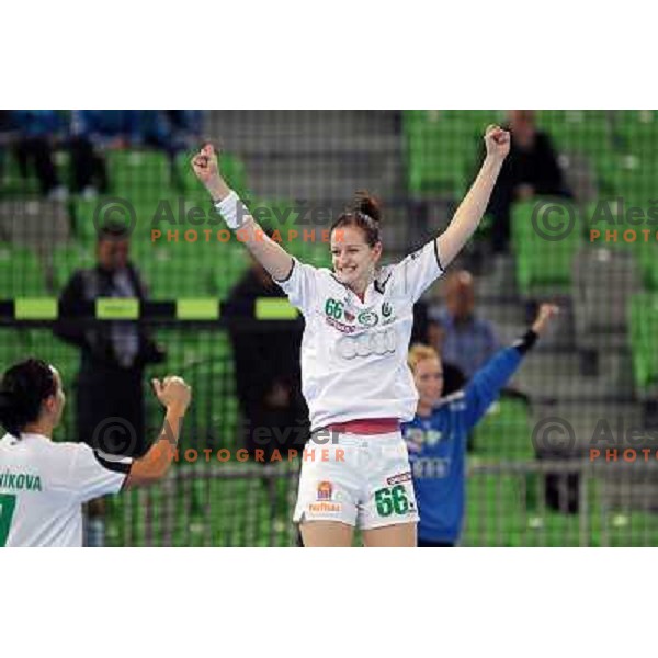Ana Gros and Gyori players celebrate victory at handball match Krim Mercator- Gyori Audi Eto KC in round 3 of Championsleague, played at Arena Stozice, Ljubljana, Slovenia on October 23, 2010 