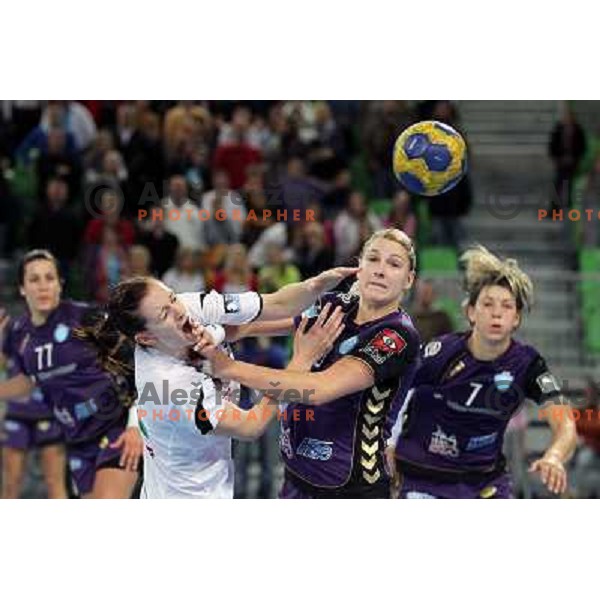 Ana Gros and Tamara Mavsar in action during handball match Krim Mercator- Gyori Audi Eto KC in round 3 of Championsleague, played at Arena Stozice, Ljubljana, Slovenia on October 23, 2010 