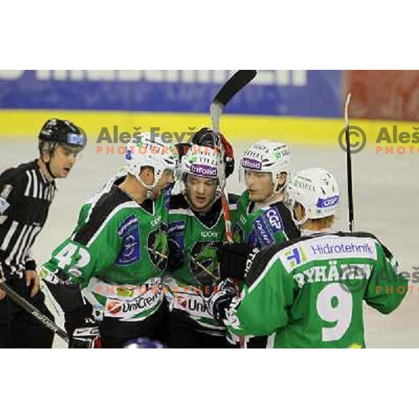 Kantee, Berlisk, Mustonen celebrate goal during ice-hockey match Tilia Olimpija-VSV in Ebel league, played in Hala Tivoli, Ljubljana, Slovenia on October 26, 2010 