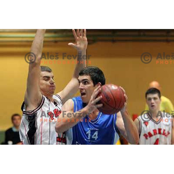 Aldin Delic of Parklji and Brane Lekic of Elektra Sosatanj in action during basketball match Parklji-Elektra Sostanj in third round of Telemach league, played in SRC Jezica on October 29,2010 