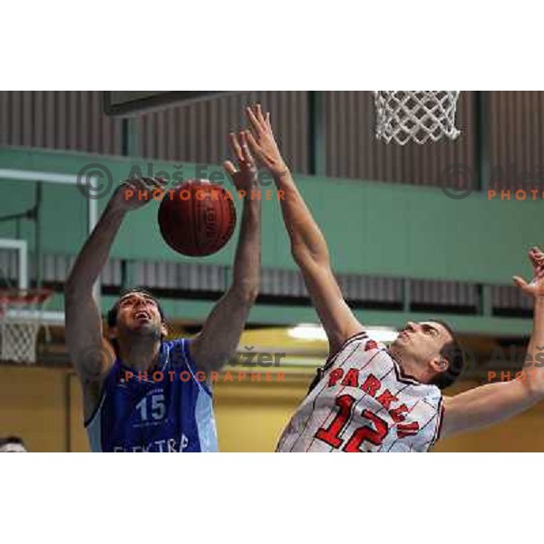 Aldin Delic of Parklji and Milos Miljkovic of Elektra Sosatanj in action during basketball match Parklji-Elektra Sostanj in third round of Telemach league, played in SRC Jezica on October 29,2010 