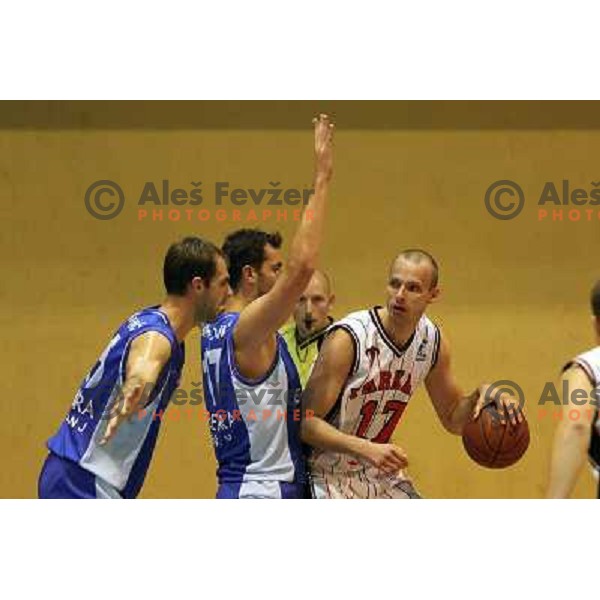 Milos Paravinja of Parklji and Salih Nuhanovic of Elektra Sosatanj in action during basketball match Parklji-Elektra Sostanj in third round of Telemach league, played in SRC Jezica on October 29,2010 