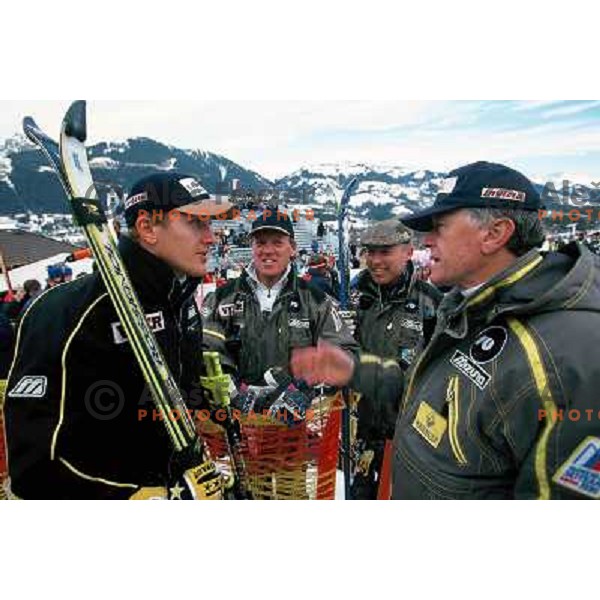 Jure Kosir of Slovenia , winner of World Cup slalom race in Kitzbuhel, Austria on January 24, 1999, Janez Smitek, Dejan Poljansek, Tone Vogrinec 