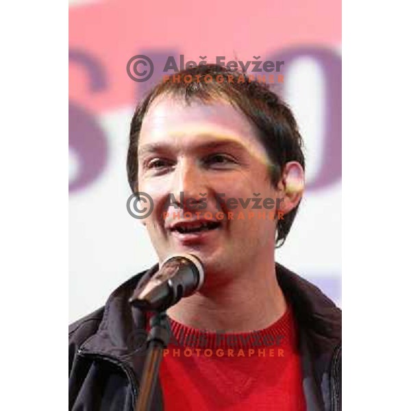 Primoz Kozmus addresses the audience during Athlete of the year in Slovenia awards ceremony in hotel Mons, Ljubljana on November 12, 2010 