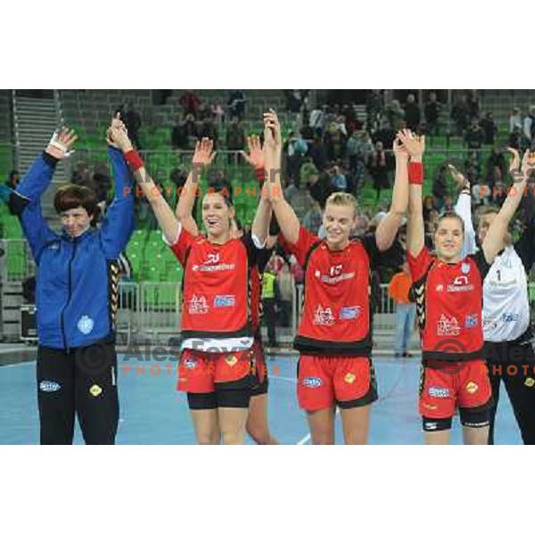 Krim players celebrate victory at the handball match Krim Mercator- HC Podravka Vegeta in round 5 of EHF Championsleague, played at Arena Stozice, Ljubljana, Slovenia on November 13, 2010 