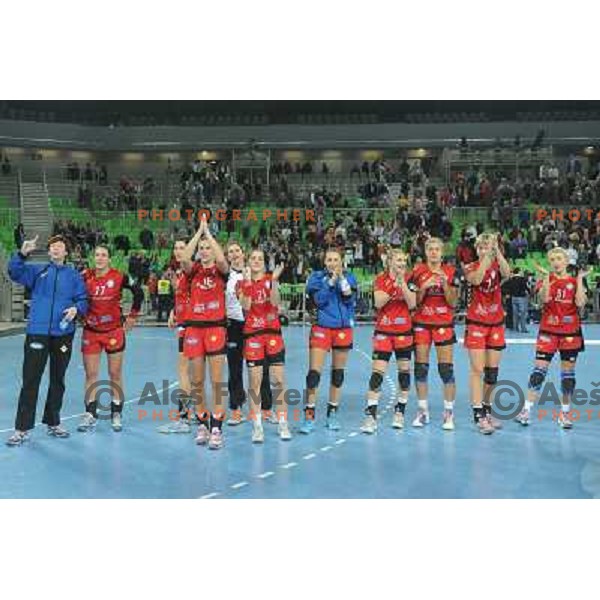 Krim players celebrate victory at the handball match Krim Mercator- HC Podravka Vegeta in round 5 of EHF Championsleague, played at Arena Stozice, Ljubljana, Slovenia on November 13, 2010 