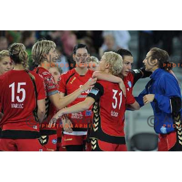 Marina Vergelyuk, Alja Koren, Olga Ceckova, Andrea Lekic, Iris Gubernic at the handball match Krim Mercator- HC Podravka Vegeta in round 5 of EHF Championsleague, played at Arena Stozice, Ljubljana, Slovenia on November 13, 2010 