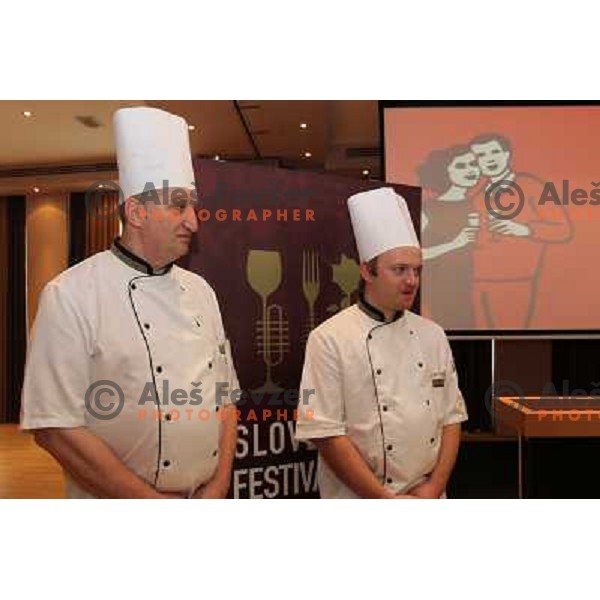 Chef Joze Erjavec (right) during press conference before 13th slovenian wine festival and 3nd culinary festival in hotel Slon, Ljubljana, Slovenia on November 16,2010 