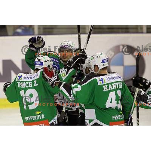 Ziga Pance, Petr Sachl, Kevin Kante of Tilia Olimpija in action during ice-hockey match Tilia Olimpija- Graz 99ers in round 21 of EBEL league, played in Ljubljana, Slovenia on November 21, 2010 
