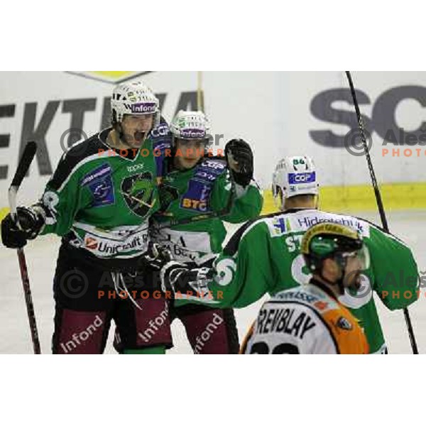 Jure Kralj, Erk Pance, Stopar of Tilia Olimpija in action during ice-hockey match Tilia Olimpija- Graz 99ers in round 21 of EBEL league, played in Ljubljana, Slovenia on November 21, 2010 
