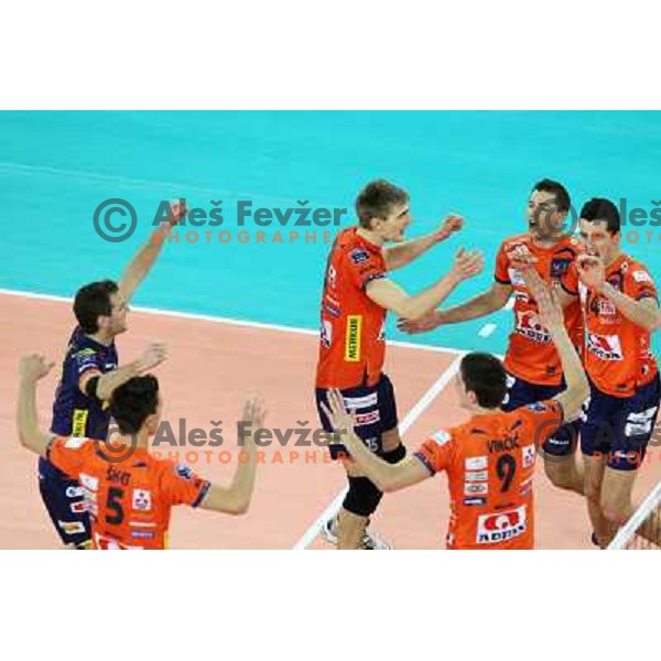 Vid Jakopin, Matevz Kamnik, Milan Rasic, Dejan Vincic of ACH Volley Bled in action during volleyball match ACH Volley Bled-Budvanska Rivijera in round 2 of 2011 CEV Champions league, played in Arena Stozice, Ljubljana, Slovenia on November 24, 2010 