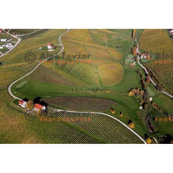 Zlati Gric (Golden Hill) golf course (9 holes, par 36, 2760 meters)at Skalce as seen from the air , Slovenske Konjice, October 2010 