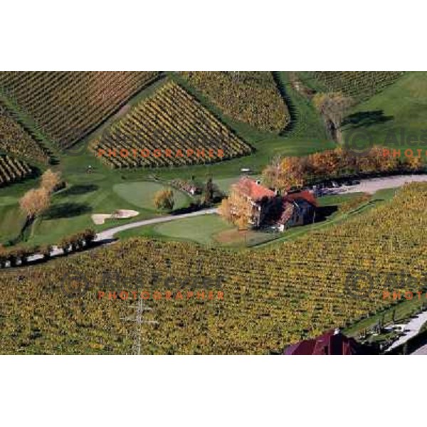 Zlati Gric (Golden Hill) golf course (9 holes, par 36, 2760 meters)at Skalce as seen from the air , Slovenske Konjice, October 2010 