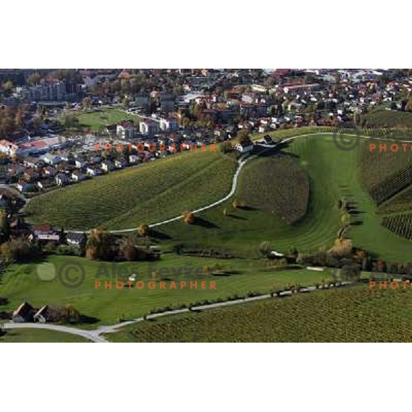 Zlati Gric (Golden Hill) golf course (9 holes, par 36, 2760 meters)at Skalce as seen from the air , Slovenske Konjice, October 2010 