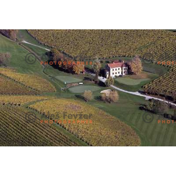 Zlati Gric (Golden Hill) golf course (9 holes, par 36, 2760 meters)at Skalce as seen from the air , Slovenske Konjice, October 2010 