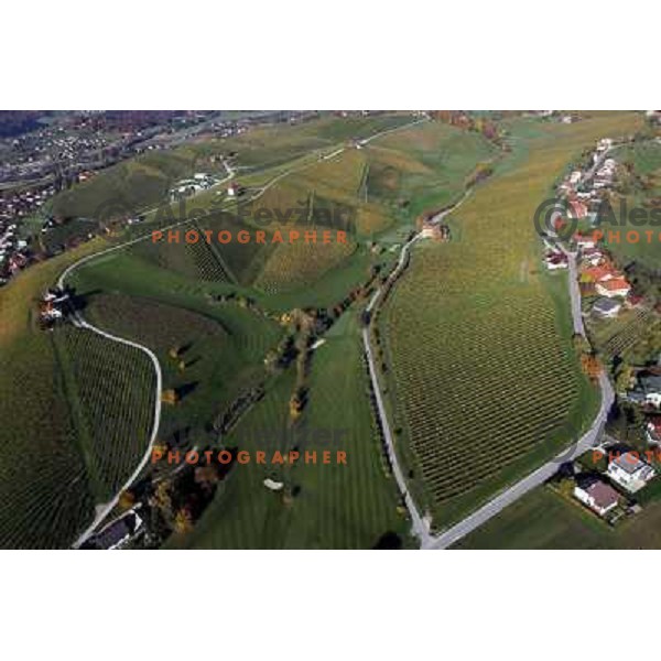 Zlati Gric (Golden Hill) golf course (9 holes, par 36, 2760 meters)at Skalce as seen from the air , Slovenske Konjice, October 2010 