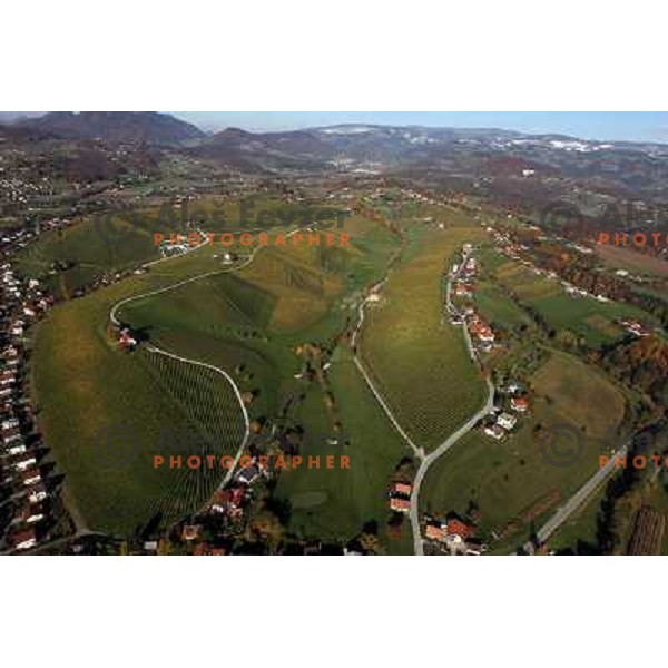Zlati Gric (Golden Hill) golf course (9 holes, par 36, 2760 meters)at Skalce as seen from the air , Slovenske Konjice, October 2010 