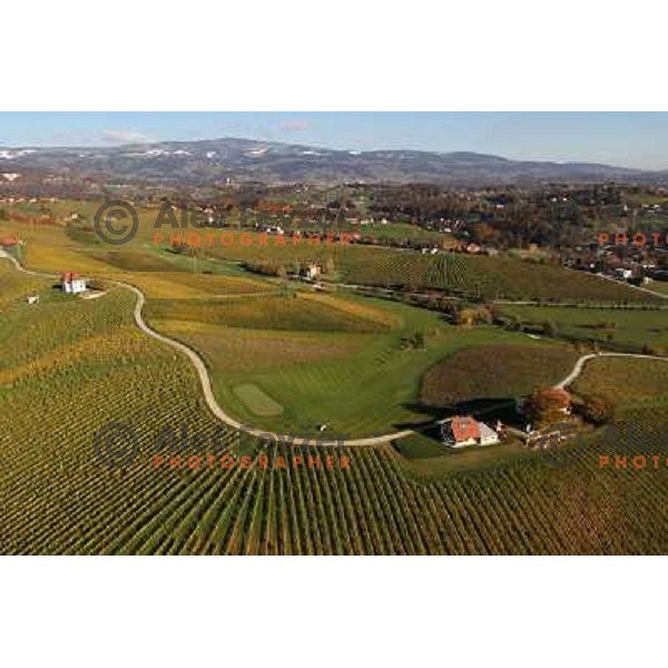 Zlati Gric (Golden Hill) golf course (9 holes, par 36, 2760 meters)at Skalce as seen from the air , Slovenske Konjice, October 2010 