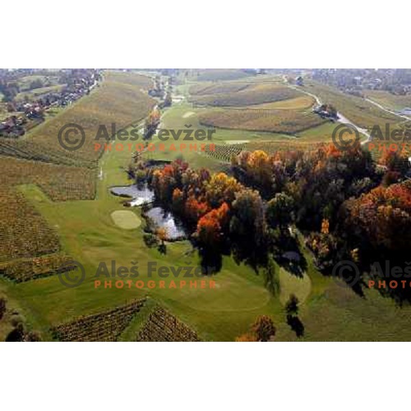 Zlati Gric (Golden Hill) golf course (9 holes, par 36, 2760 meters)at Skalce as seen from the air , Slovenske Konjice, October 2010 