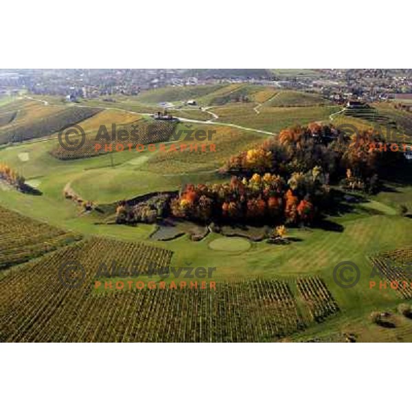 Zlati Gric (Golden Hill) golf course (9 holes, par 36, 2760 meters)at Skalce as seen from the air , Slovenske Konjice, October 2010 