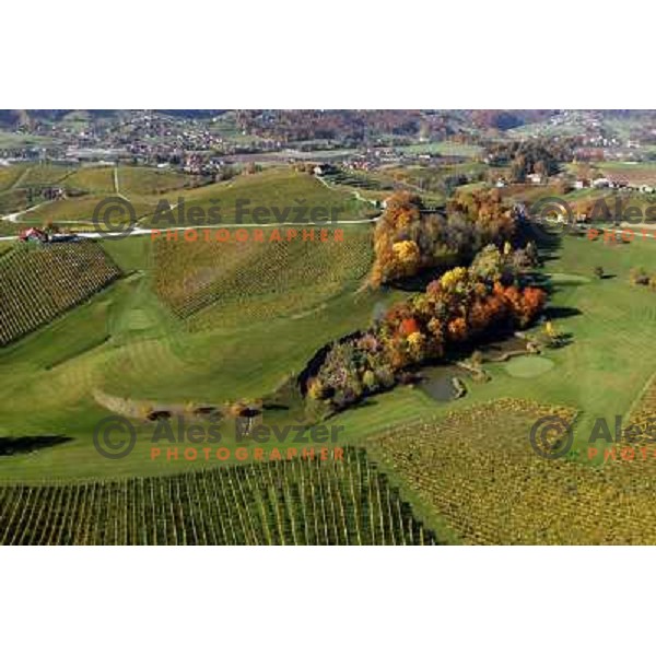 Zlati Gric (Golden Hill) golf course (9 holes, par 36, 2760 meters)at Skalce as seen from the air , Slovenske Konjice, October 2010 