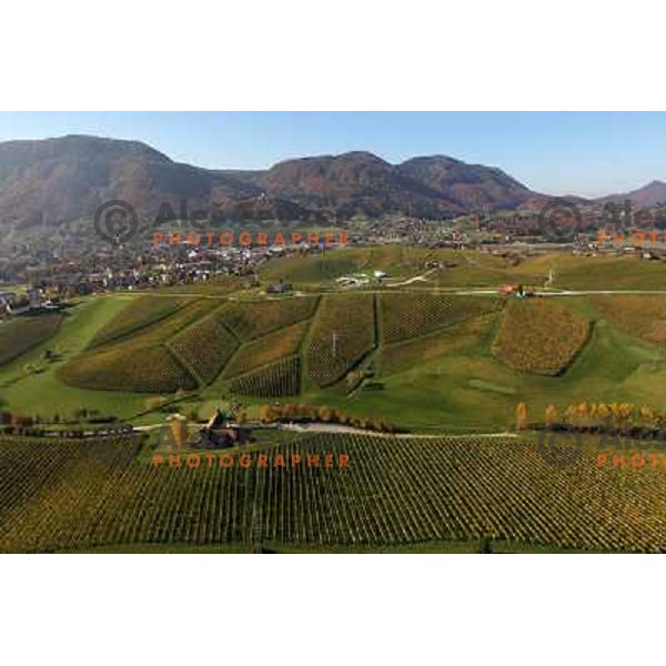 Zlati Gric (Golden Hill) golf course (9 holes, par 36, 2760 meters)at Skalce as seen from the air , Slovenske Konjice, October 2010 