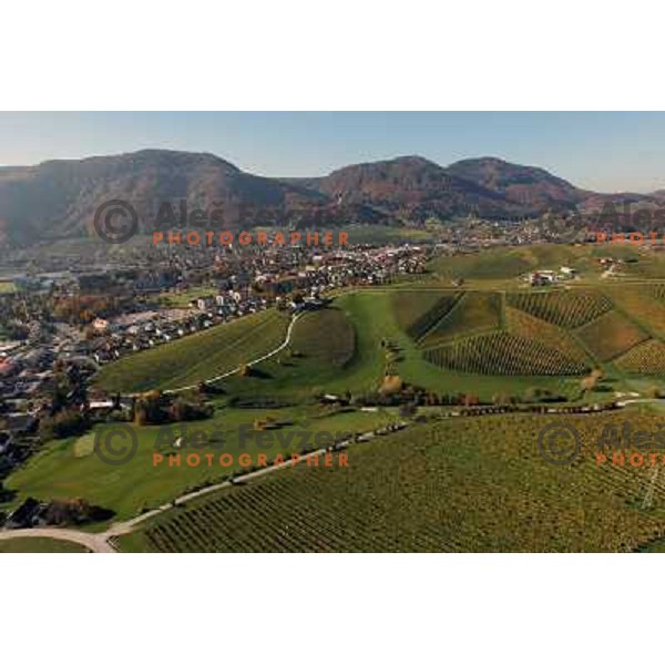 Zlati Gric (Golden Hill) golf course (9 holes, par 36, 2760 meters)at Skalce as seen from the air , Slovenske Konjice, October 2010 