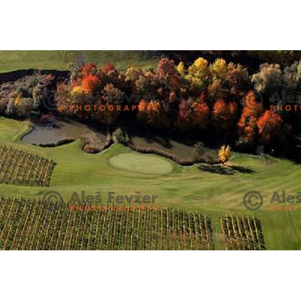 Zlati Gric (Golden Hill) golf course (9 holes, par 36, 2760 meters)at Skalce as seen from the air , Slovenske Konjice, October 2010 