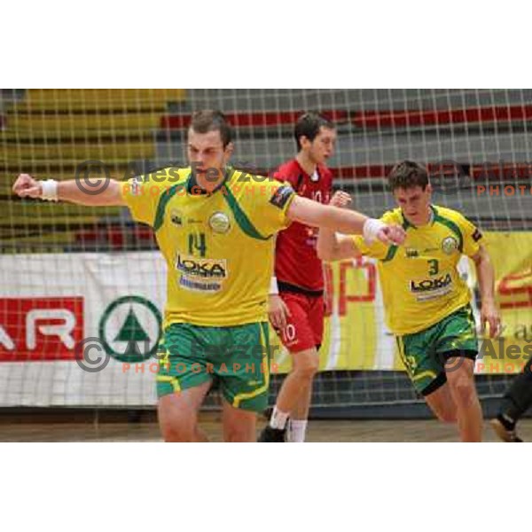 Uros Bundalo, Darko Cingesar of RD Loka in action during handball match RD Slovan-RD Loka in round 15 of 1.SLR, played at Kodeljevo Hall, Ljubljana, Slovenia on December 18, 2010 