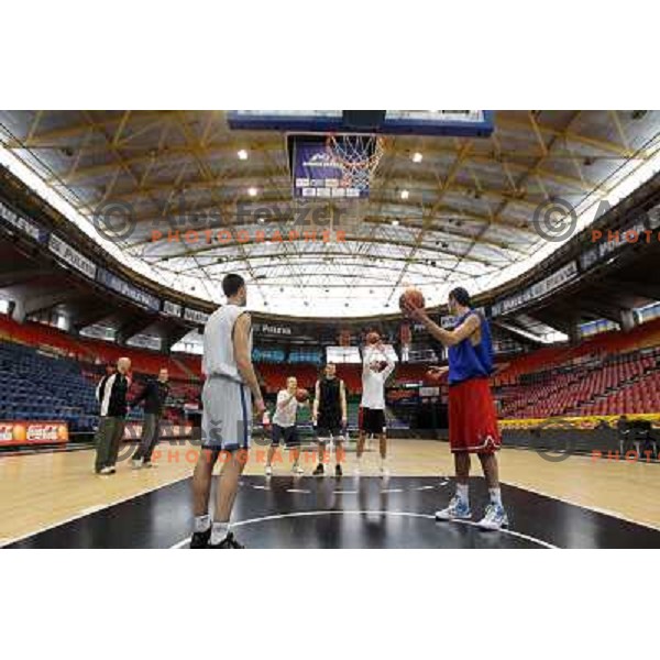 Sasu Salin, Goran Jagodnik and Dino Muric during practice session before basketball match Power Electronics Valencia- Union Olimpija in round 10 of Turkish Airlines Euroleague in Valencia on December 22,2010 