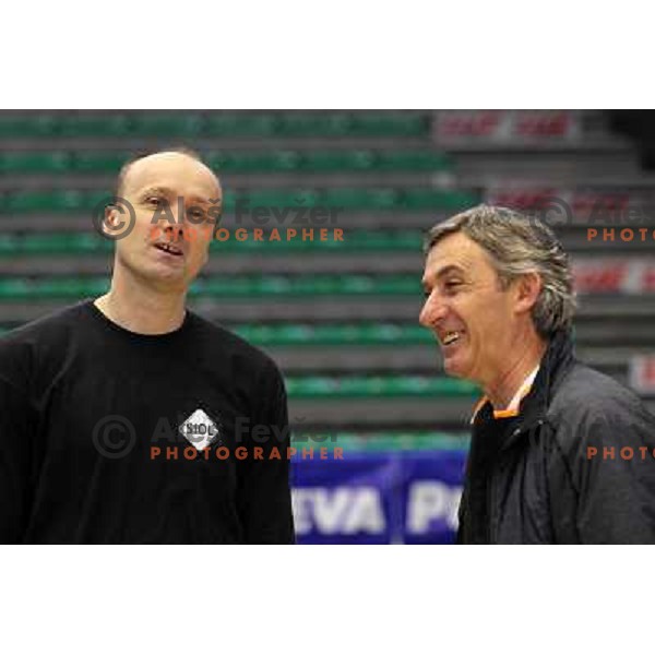 Jure Zdovc and Svetislav Pesic during practice session before basketball match Power Electronics Valencia- Union Olimpija in round 10 of Turkish Airlines Euroleague in Valencia on December 22,2010 