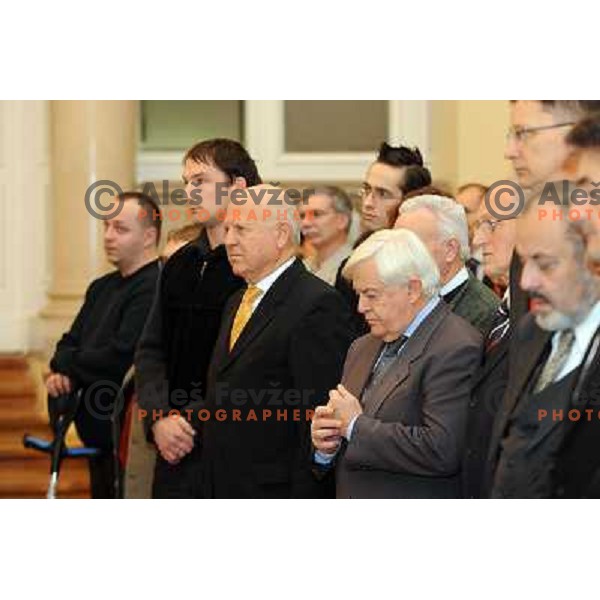 Primoz Kozmus, Janez Kocjancic, Milan Kucan at the presentation for outstanding sporting achivements in 2010, Ljubljana, Slovenia 