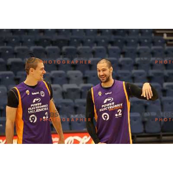 Robertas Jevtokas (left) at preparation for basketball match Power Electronics Valencia- Union Olimpija in round 10 of Turkish Airlines Euroleague, played in Valencia on December 22,2010 