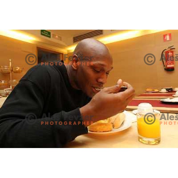 Kenny Gregory of Union Olimpija having breakfast before basketball match Power Electronics Valencia- Union Olimpija in round 10 of Turkish Airlines Euroleague, played in Valencia on December 22,2010 