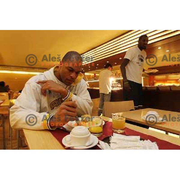 Aloysius Anagonye of Union Olimpija having breakfast before basketball match Power Electronics Valencia- Union Olimpija in round 10 of Turkish Airlines Euroleague, played in Valencia on December 22,2010 