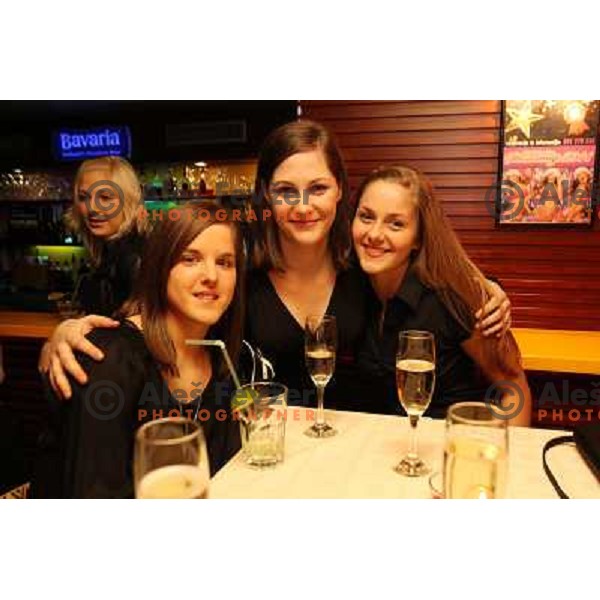 Alja Jankovic, Neja Soberl, Ana Kosmac of handball club Krim Mercator during New Year\'s party in Bachus Center, Ljubljana, Slovenia on December 30,2010 
