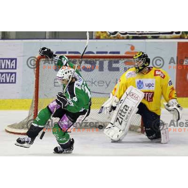 Ziga Pance of Tilia Olimpija scores shot-out goal for victory past Adam Hauser of Vienna Capitals during ice-hockey match Tilia Olimpija-Vienna Capitals in round 36 of EBEL league, played in Hala Tivoli, Ljubljana on January 7, 2011 