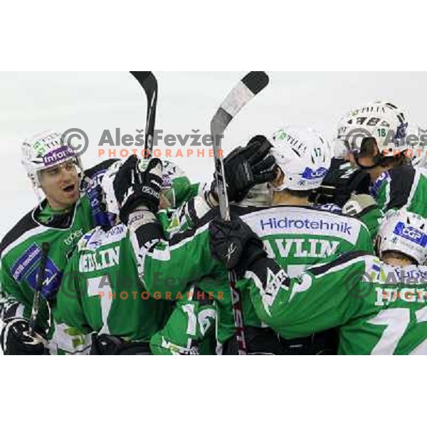 Players of Tilia Olimpija celebrate victory during ice-hockey match Tilia Olimpija-Vienna Capitals in round 36 of EBEL league, played in Hala Tivoli, Ljubljana on January 7, 2011 