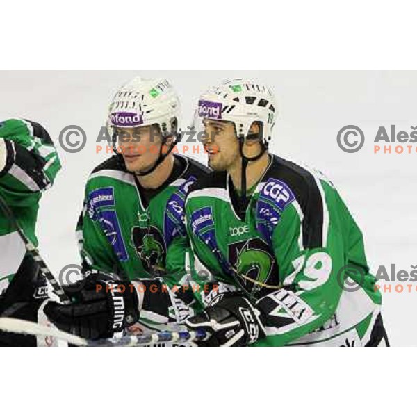 Ales Music, Ziga Pance of Tilia Olimpija celebrate victory during ice-hockey match Tilia Olimpija-Vienna Capitals in round 36 of EBEL league, played in Hala Tivoli, Ljubljana on January 7, 2011 