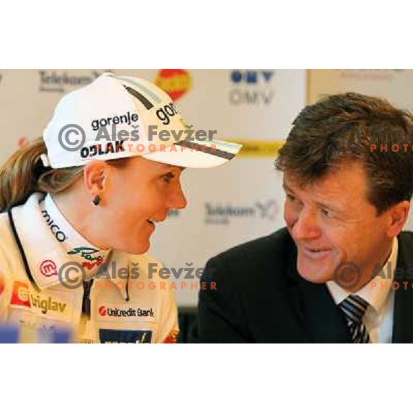 Petra Majdic and Matija Vojsk of Slovenia Nordic Ski team during press conference in Ljubljana, Slovenia on January 10,2011 