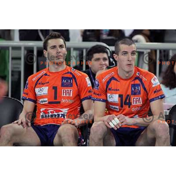 Andrej Flajs, Milan Rasic of ACH Volley Bled in action during volleyball match ACH Volley Bled- Jastrzebski Wegiel in round 6 of 2011 CEV Champions league, played in Stozice, Ljubljana, Slovenia on January 12, 2011 